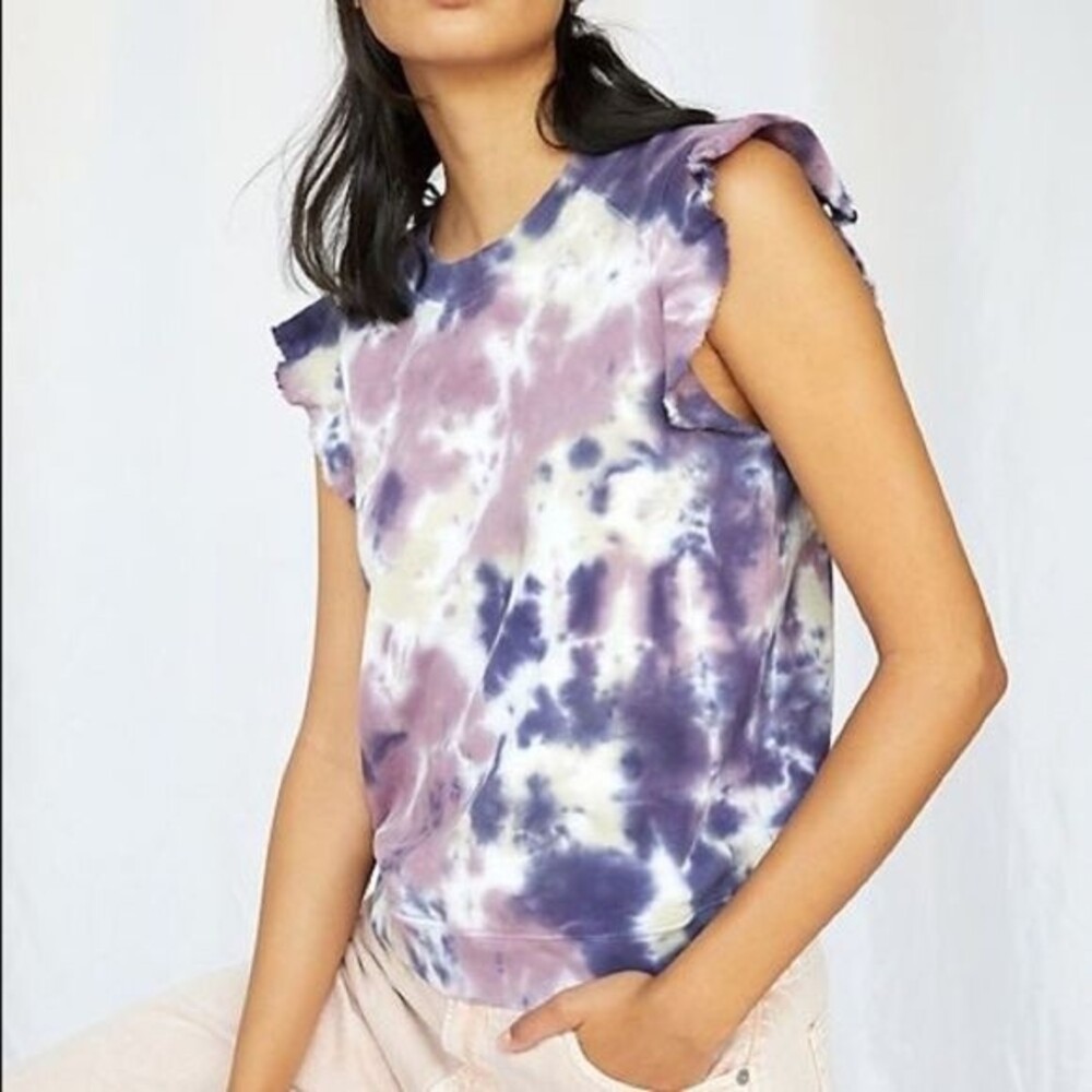 T. La Anthropologie Tie Dye Ruffled Sleeveless Sweatshirt Tank S Purple NWT B90
